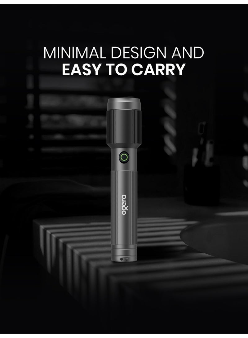 أوجيرا كشاف LED قابل لإعادة الشحن | إضاءة ليزر عالية القدرة 20 واط | سطوع 1500 لومن | مدى إضاءة 2000 متر | شحن USB Type-C | مقاوم للماء IPX5 | خاصية الزوم ووضع SOS للطوارئ | ضمان سنتين | OG1015SL | أسود - Image 4